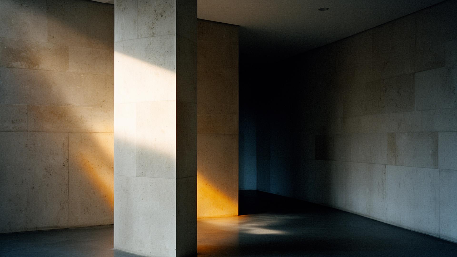 Light raking across a structural column in an austere stone interior — a visual reference for architectural form under pressure.
